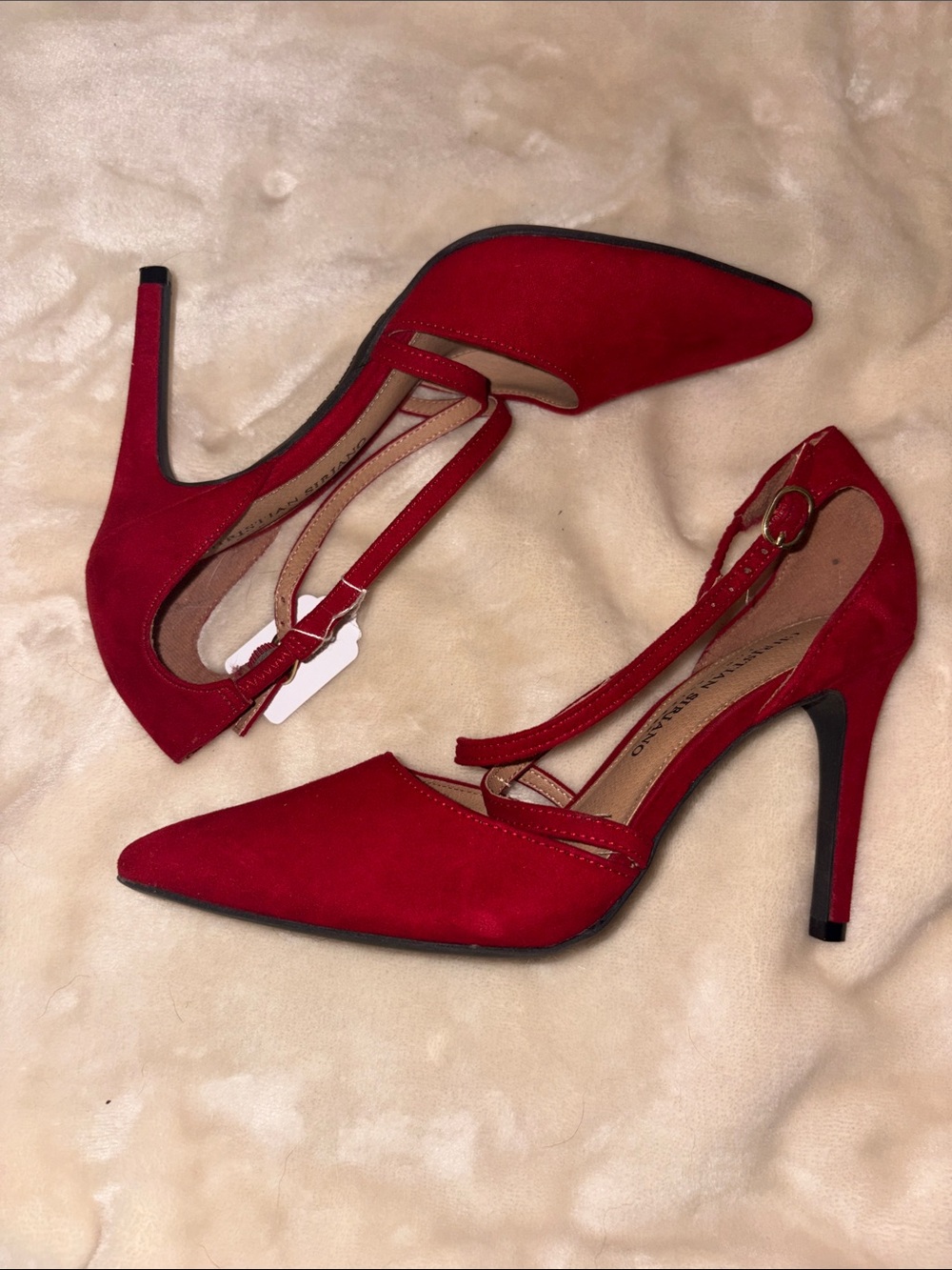 #137 Christian Siriano Red Pointed Toe Slingback Flats with Cross Straps - Picture 3 of 3